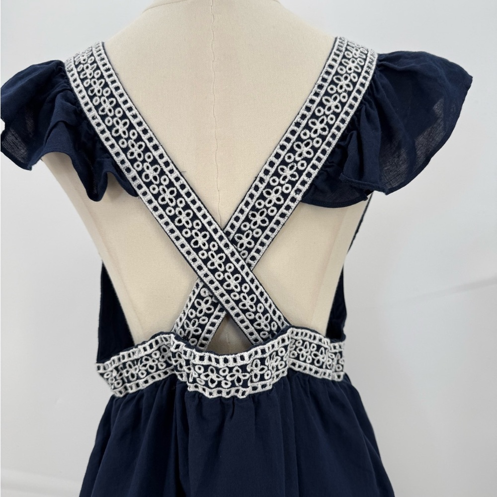 J.Crew Navy Maxi Dress Lace Trim Deep V-Neck Crisscross Back Flutter Sleeves - Picture 12 of 16